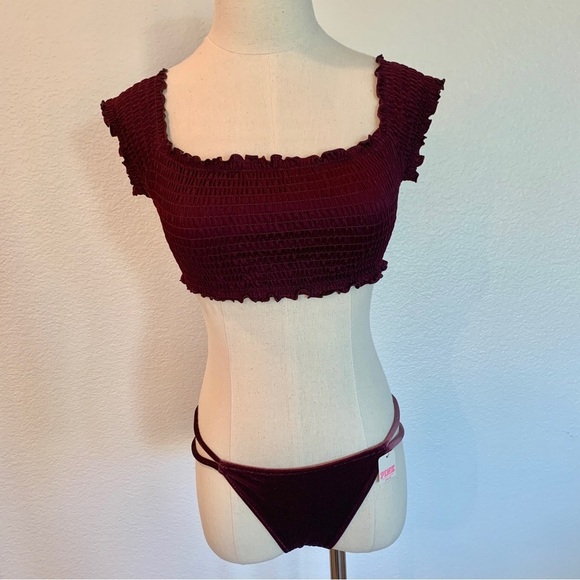 VS PINK Maroon Dark Red Smocked Crop Top Velvet String Mini Bikini Swimsuit - Picture 3 of 12